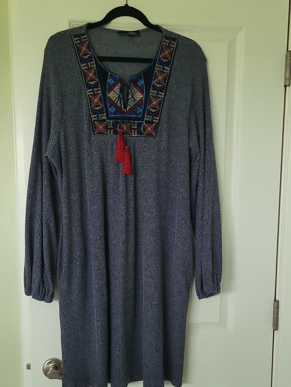Suzanne Betro Blue Long Sleeve Embroidered Tunic Dress with Red Tassels